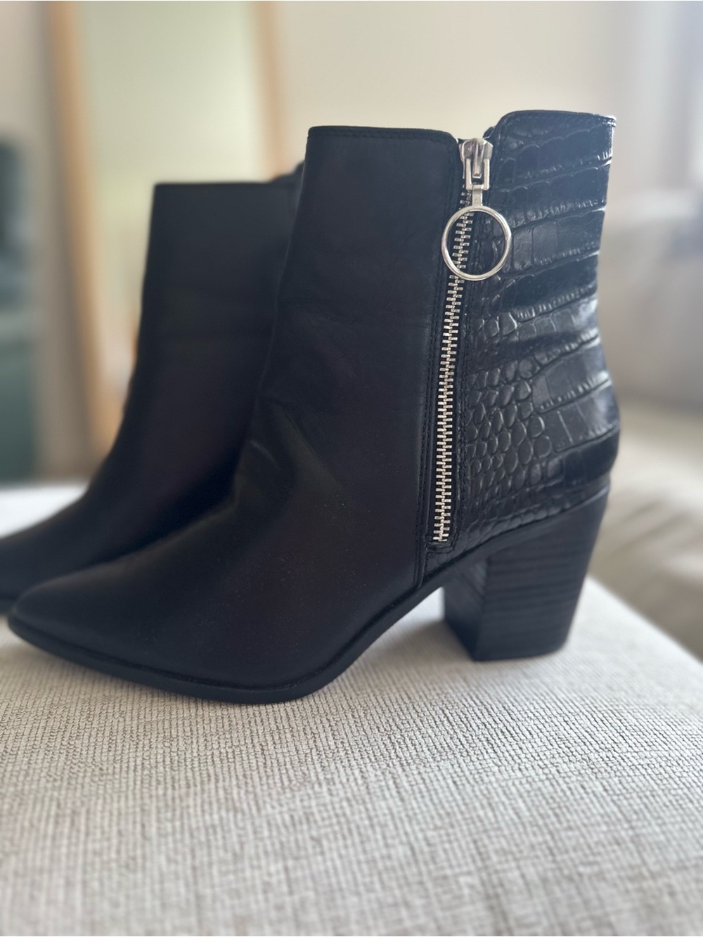 Aldo Leather Black Pointed Toe Ankle Boots with Croc-Embossed Heel
